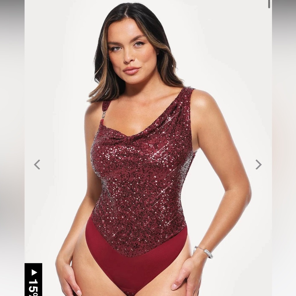 Glamorous Burgundy Sequin Bodysuit shapewear